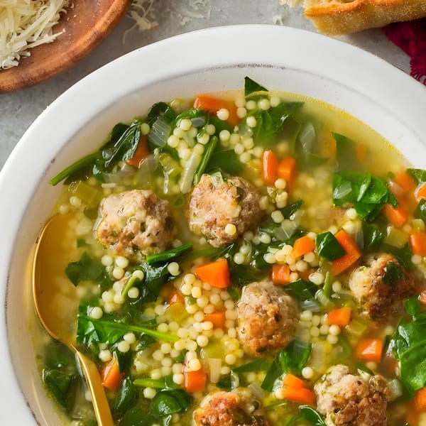 A bowl of Italian wedding soup with meatballs, pasta, spinach, and carrots, with a golden spoon.