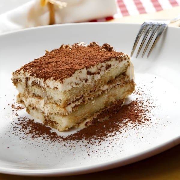 A slice of tiramisu with cocoa powder on a white plate, with a fork beside it.